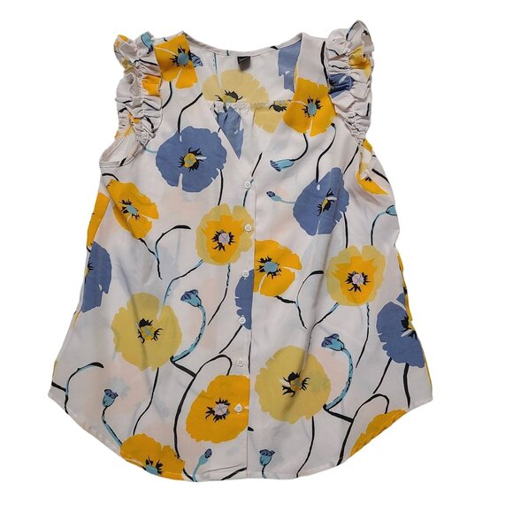 Shein Tops - Shein Womens Size M Floral Sleeveless Blouse Yellow & Blue Flowers Ruffle Trim